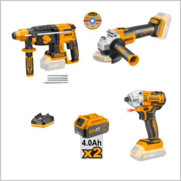 ชุดสว่านโรตารี่+เครื่องเจียร+บล็อกไร้สาย 20V (แบต4.0Ah.2/แท่นชาร์จ) COSLI230520 INGCO