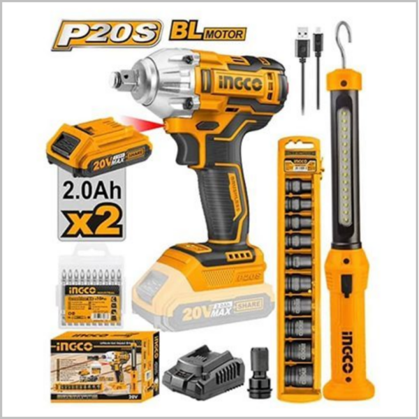 บล็อกไร้สาย 20V. 300NM +ชุดลูกบล็อค+ไฟฉาย+แบต2+แท่นชาร์ท1 COSLI23011 INGCO